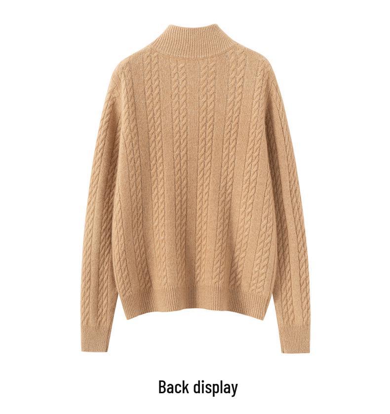 Women's Thickened Cashmere Stand Collar Sweater - Loose Fit, Zipper Lapel, Autumn/Winter 2024