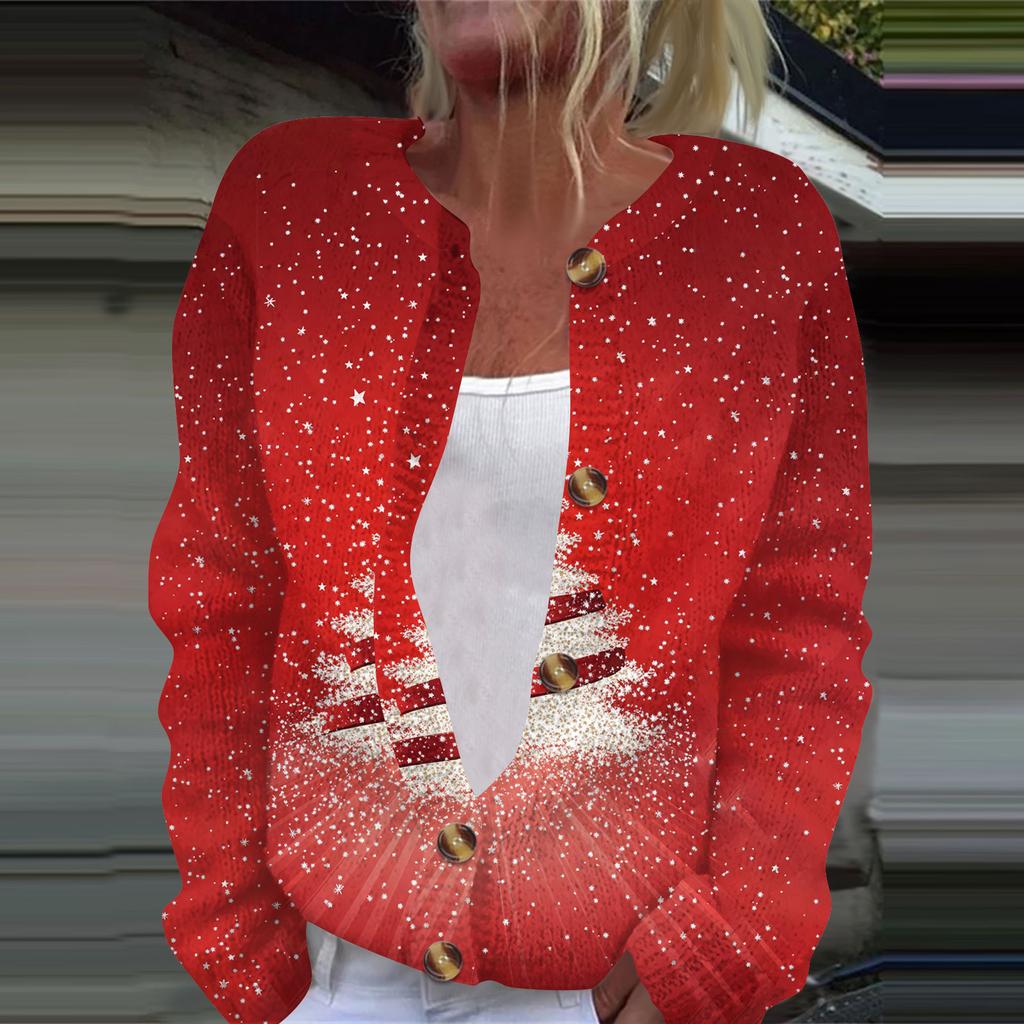 Женская мода рождественский принт длинный рукав вязаный кардиган пуховик