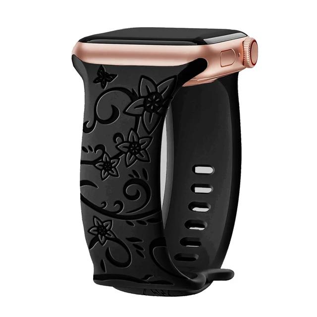 Ремешок с цветочной гравировкой для Apple Watch Band 40 мм, 44 мм, 41 мм, 49 мм, 45 мм, 38 мм, 42 мм, силиконовый браслет iwatch series 9 7 se 6 8 ultra 2