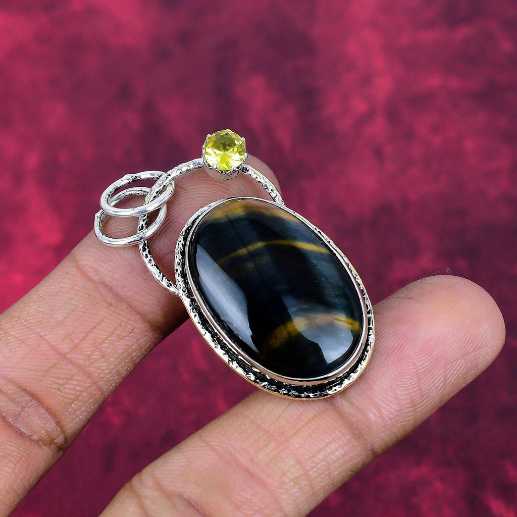 Blue Tiger Eye &  Citrine Pendant, 925 Sterling Silver Pendant Jewelry. Gift For Women Handmade Pendant Gemstone Jewelry
