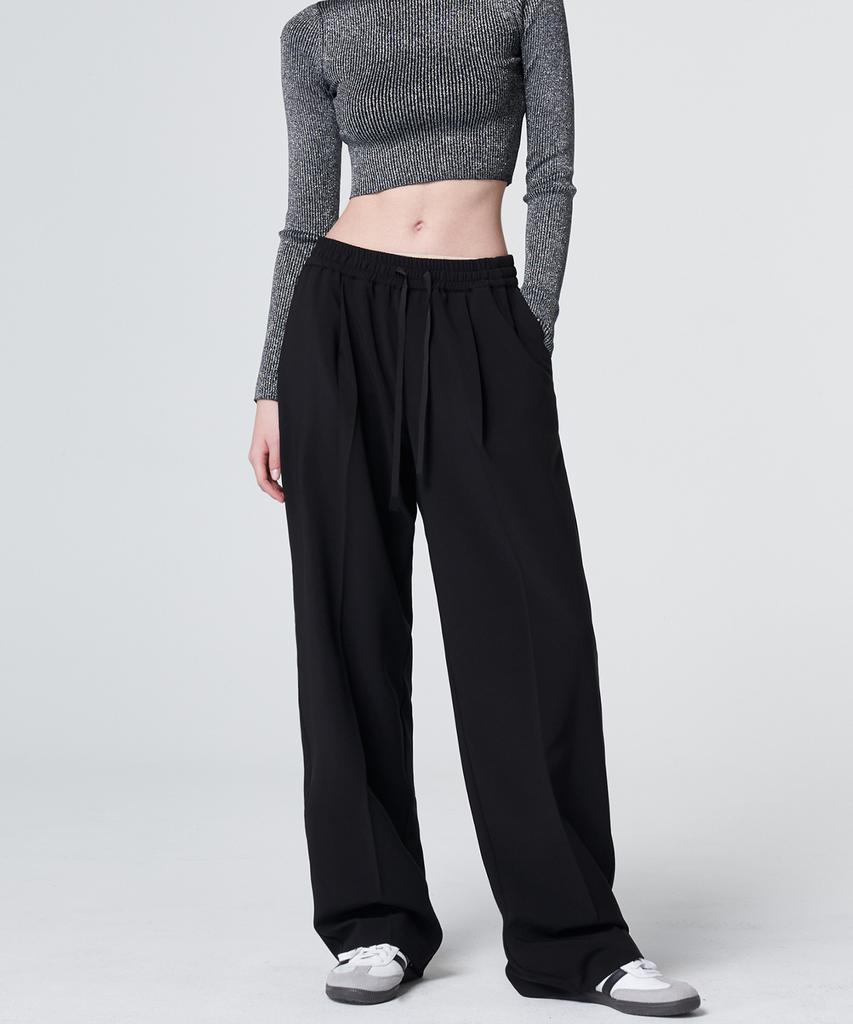 MALOUPE 2144 Summer One-Pleat Elastic Waist Wide Pants (Black)