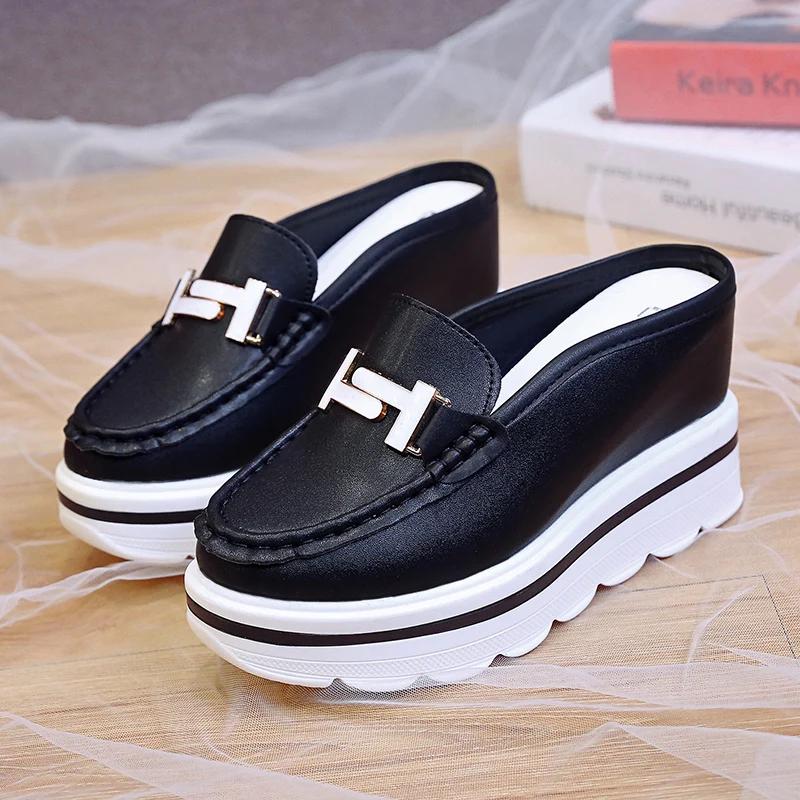 Белые туфли женские полуподдерживающие без каблука ленивые повседневные сандалии с закрытым носком сверхвысокий каблук скошенный каблук толстая подошва увеличение высоты...