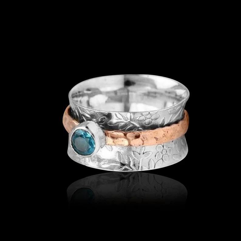 Кольцо Spinner, дизайнерское кольцо ручной работы, кольцо с голубым топазом, ювелирные изделия с камнем, двухцветное кольцо, кольцо унисекс, подарок для нее, серебряные украшения