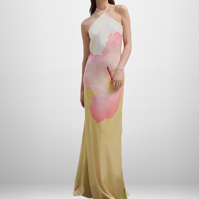 Весна Новый Стиль Холтер Модный Принтованный Стройнящий и Подчеркивающий Фигуру Темперамент Элегантное Платье Макси с Открытой Спиной