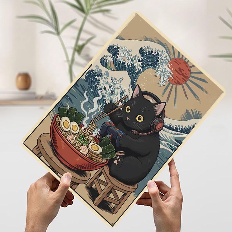 Игровой Кот с Раменом и Волной Печатный Постер Индивидуальное Настенное Искусство Ретро Винтажные Металлические Жестяные Вывески для Декора Декора Гостиной