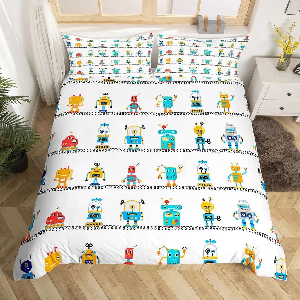 Boys Cartoon Robot Rocket Duvet Cover King Queen Size,Kids Spaceship Bedding Set 3Pcs Starry Galaxy Universe Planet Quilt Cover