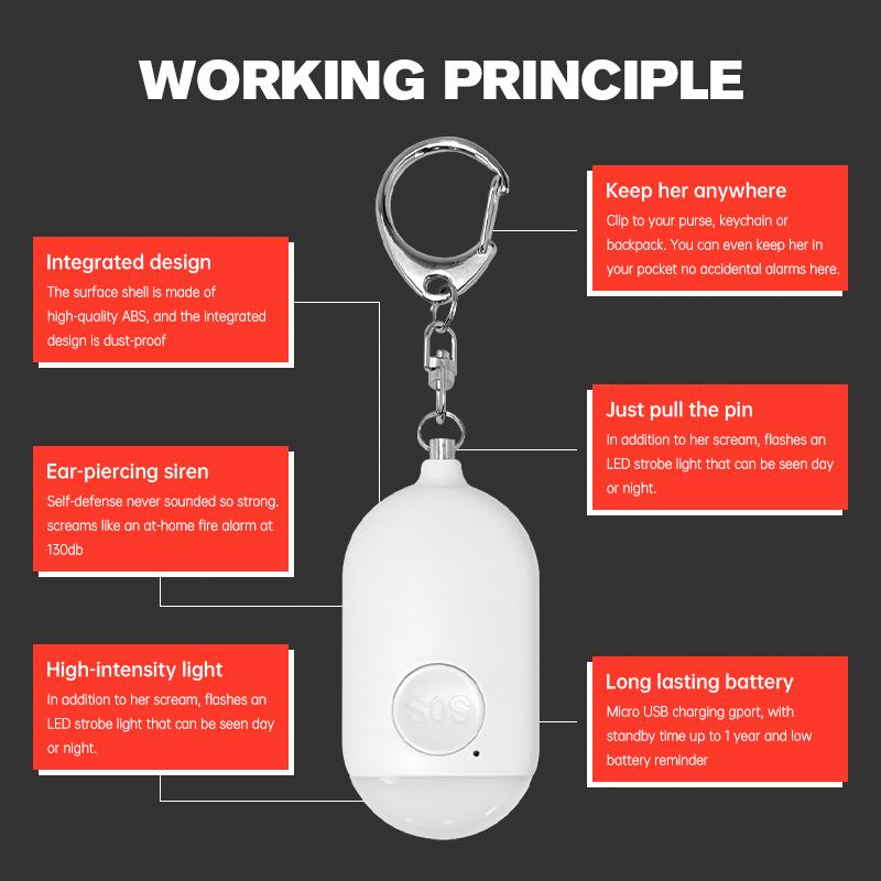 Персональная сигнализация SOS 130 дБ со светодиодной подсветкой, перезаряжаемая, для самообороны, для женщин, охранная сигнализация, брелок, аварийная сигнализация, защита от нападения