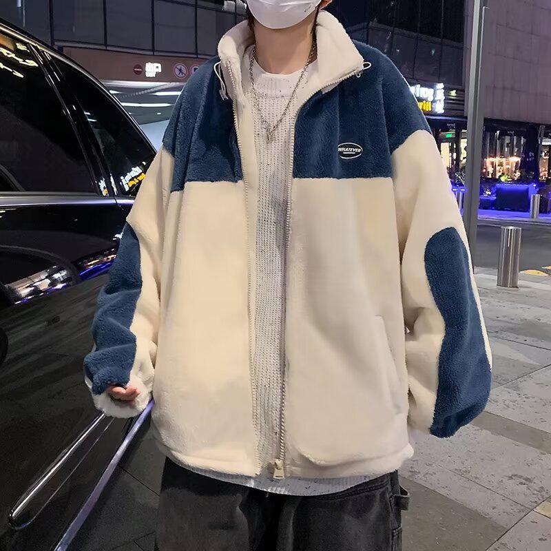 Men's Trendy Colorblock Fleece Jacket - Winter Lambswool with Stand Collar, Thick Cotton-Padded, Loose Fit, Plus Size.