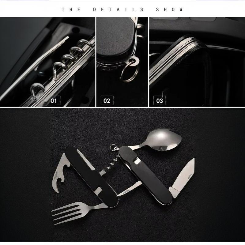 Corrosion Resistant Portable Folding Stainless Steel Cutlery Set Fork Spoon Knife Bottle Opener for Picnic Travel Daily Use