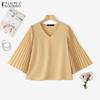 ZANZEA Women Casual V-Neck Pleated 3/4 Sleeve Loose Blouse
