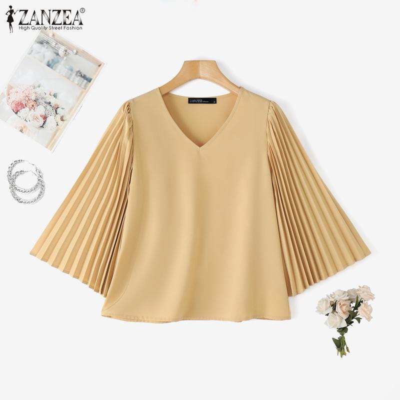 ZANZEA Women Casual V-Neck Pleated 3/4 Sleeve Loose Blouse