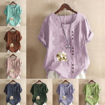 Женская модная футболка с круглым вырезом и короткими рукавами с принтом кошек, повседневная хлопково-льняная рубашка с рисунком, свободная летняя блузка для отдыха, топы