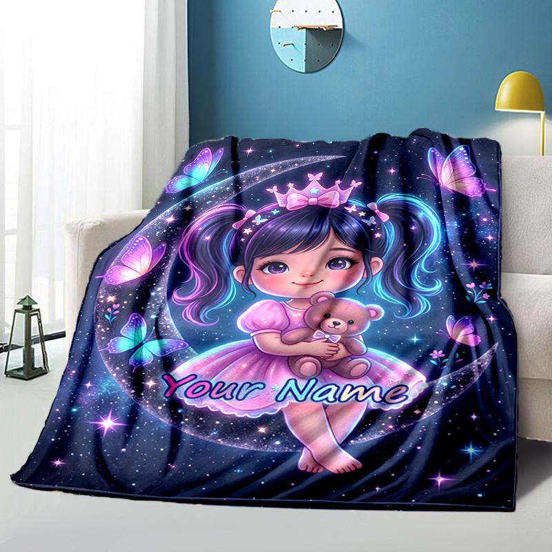 1PC Custom Name Moonlit Princess Adventure blanket versatile,all-season throw suitable for the living room,bedroom,camping,travel,and gift