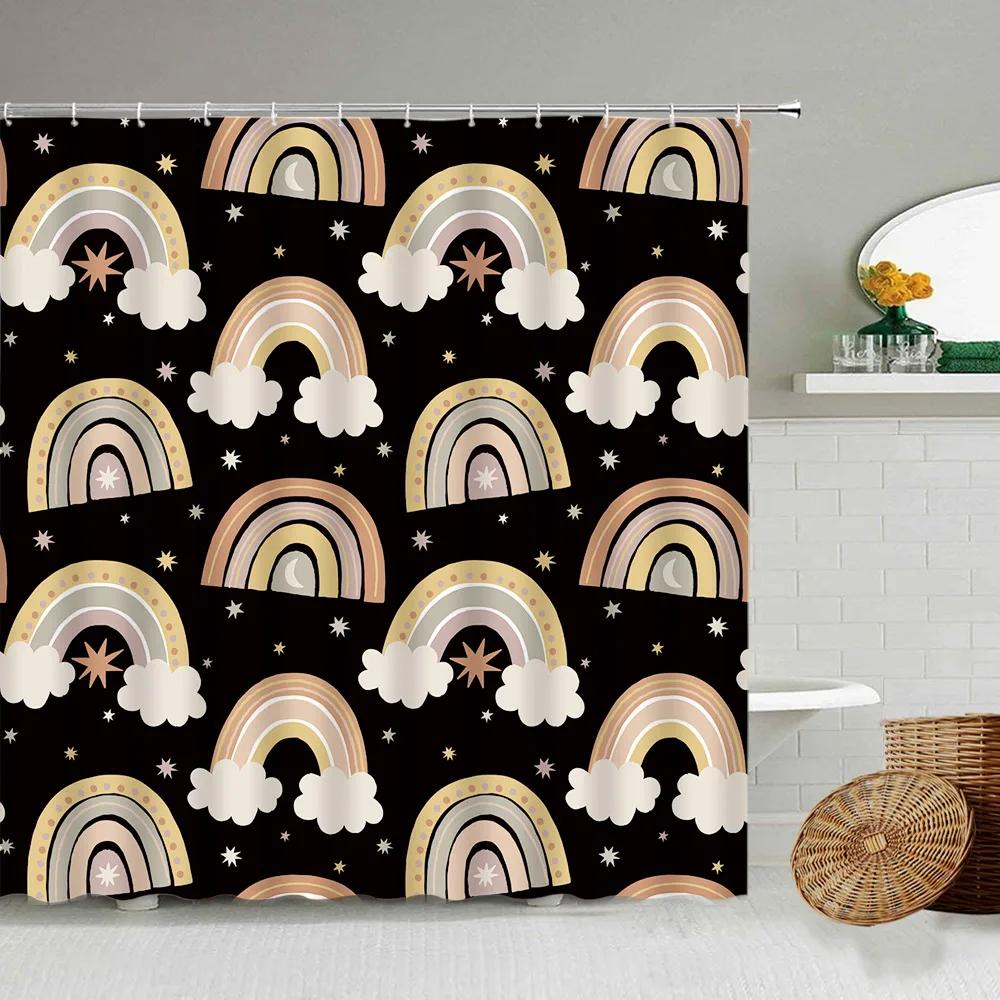 Cartoon Hand-Painted Animal Shower Curtain, Cat, Bird, Rabbit, Plant, Flower, Child Bathroom Decor With Hook