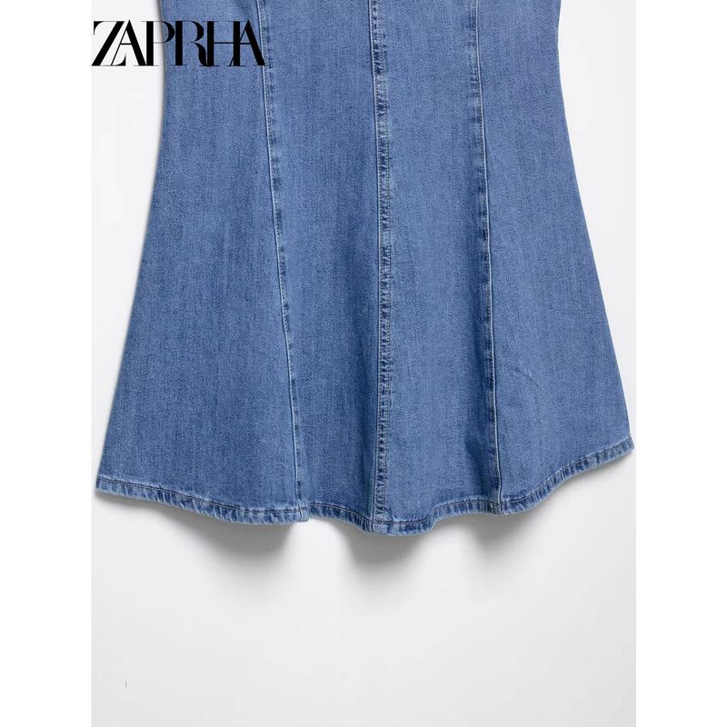 Zaprha 2025 New Arrival Waist-Tight Slim Looking A- Shaped Small Wavy Style Wide Hem Denim Dress 3607080