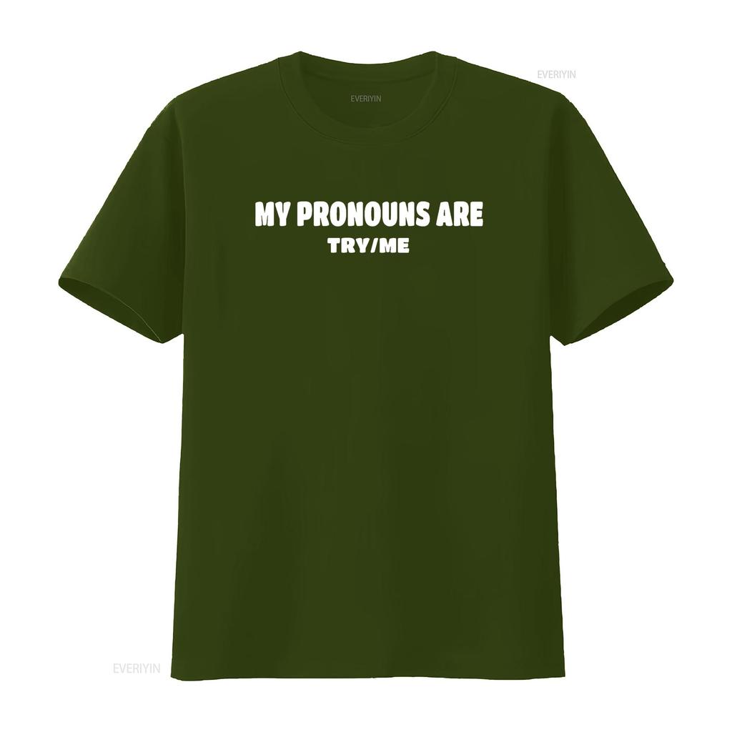 Женская футболка с надписью My Pronouns Are Try Me (Мои местоимения: Попробуй меня) Черная винтажная стирка Легкая унисекс Универсальная Удобная Повседневная Стильная