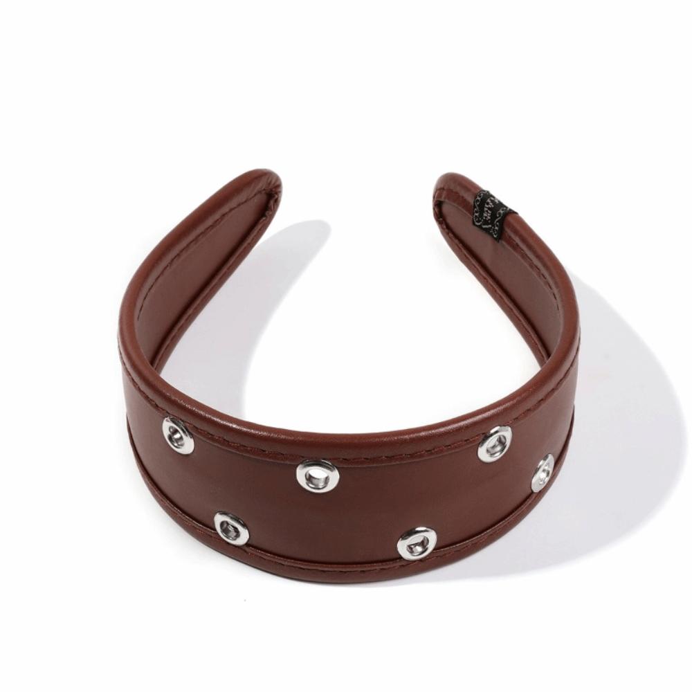 Punk Leather Headband Black and Red Wide Metal Rivets Headwear Versatile Hair Accessory Hollow Ring Hair Hoop Travel Shopping