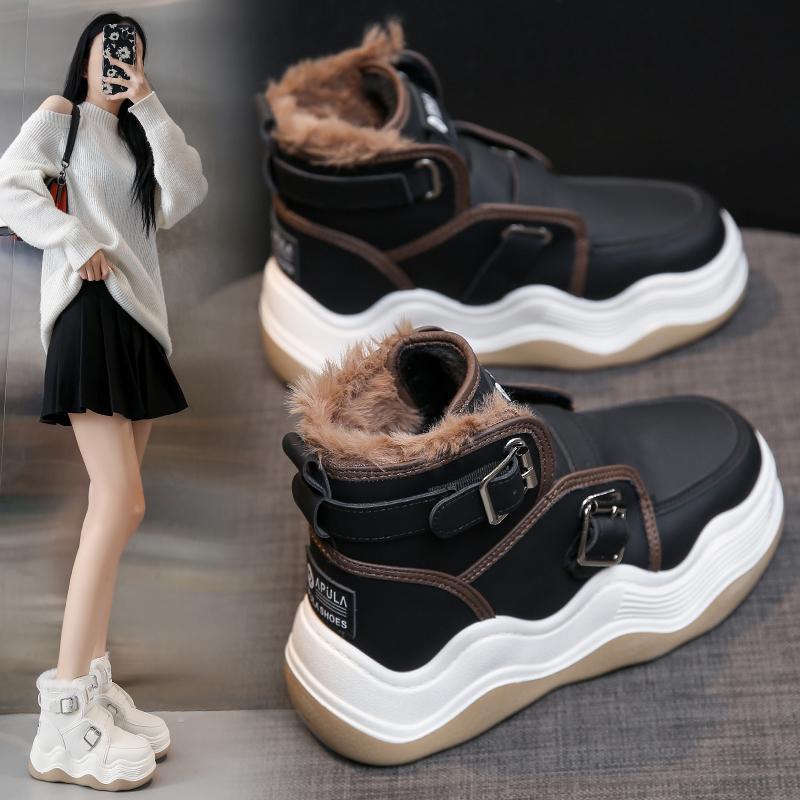 2024 Новый стиль, утолщенные высокие женские туфли с флисовой подкладкой, модные универсальные хлопковые короткие белые туфли-трубы для летнего сезона