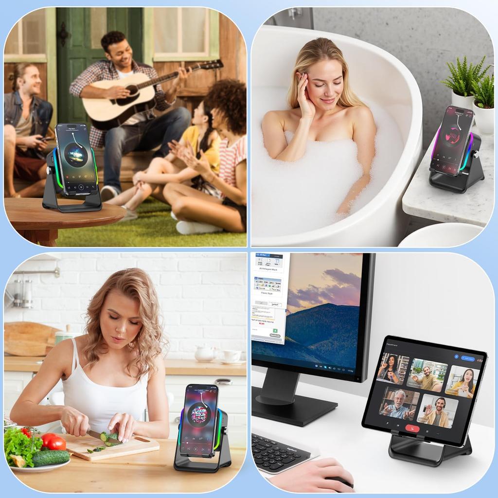 Беспроводная индукционная Bluetooth-колонка 5-в-1 с подставкой для телефона, стереозвуком, аккумулятором 3500 мАч, RGB-подсветкой, держателем на 360° – Подарок для мужчин и женщин