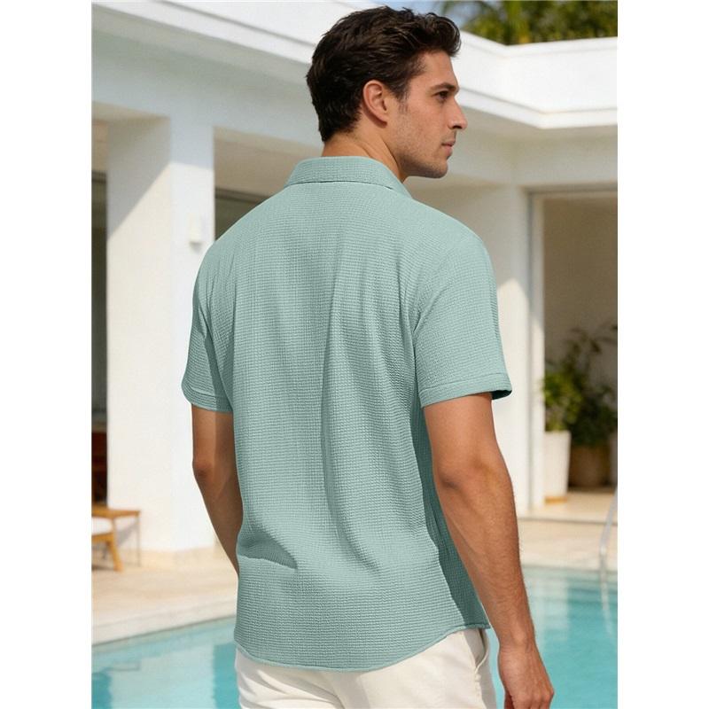 Men's Waffle Texture Short Sleeve Button Down Shirt Casual Pocketed Summer Top