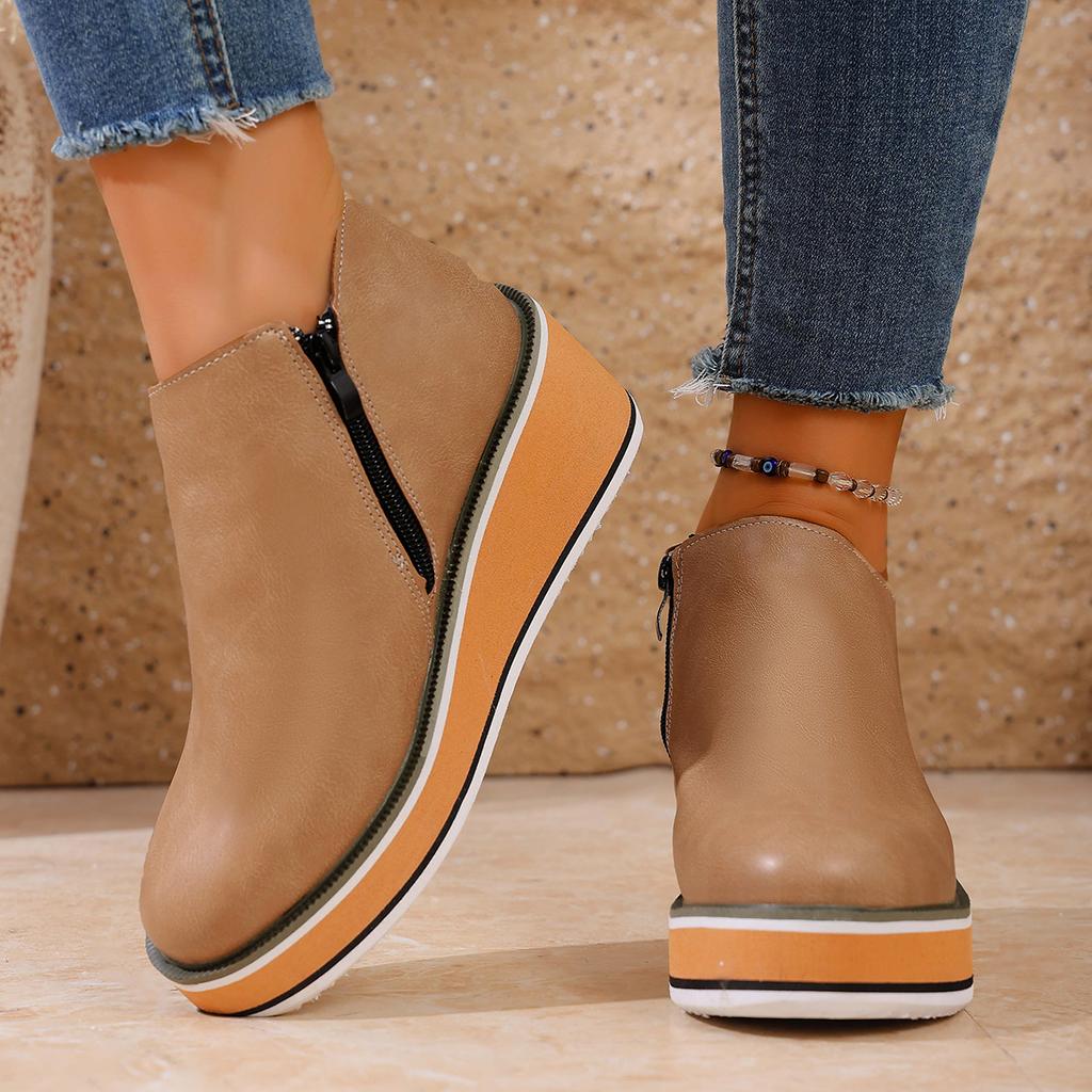 Женские ботинки на танкетке, женские ботильоны в стиле ретро, модные ботинки на платформе с круглым носком, удобные кожаные туфли на молнии для женщин на каблуке