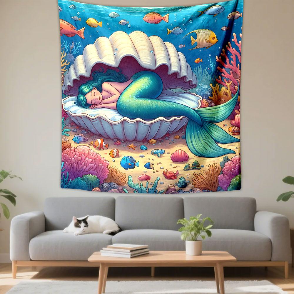 Mermaid Sleeping in Seashell Underwater Patterned Tapestry Decorative Wall Hanging, Home Bedroom Living Room Decor