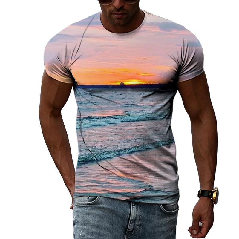 Летние пляжные пейзажи Графические футболки для мужчин Модные футболки с индивидуальным принтом Хип-хоп Harajuku Трендовые футболки с короткими рукавами