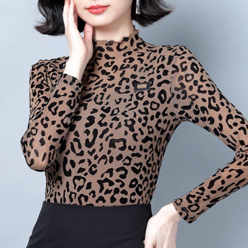 Autumn Leopard Print Slim Body Shirt Mesh Base Shirt for Women with Thin Casual Half-high Neck Temperament T-shirt