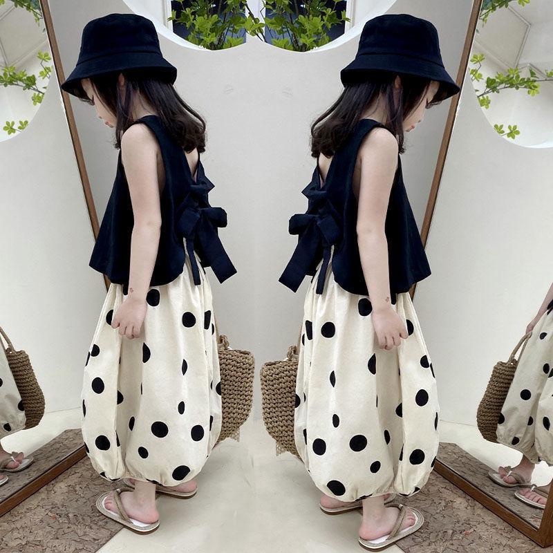 Детский костюм, летняя одежда, тонкий жилет с бабочкой и росой на спине для девочек, повседневные брюки без рукавов, брюки-фонарики, широкие брюки, корейский комплект из двух предметов