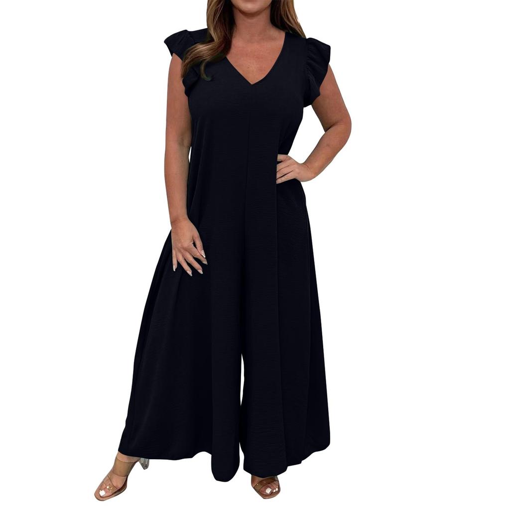 Women's Casual Solid Color Back Tie Ruffled Wide Leg Long Pants Jumpsuit