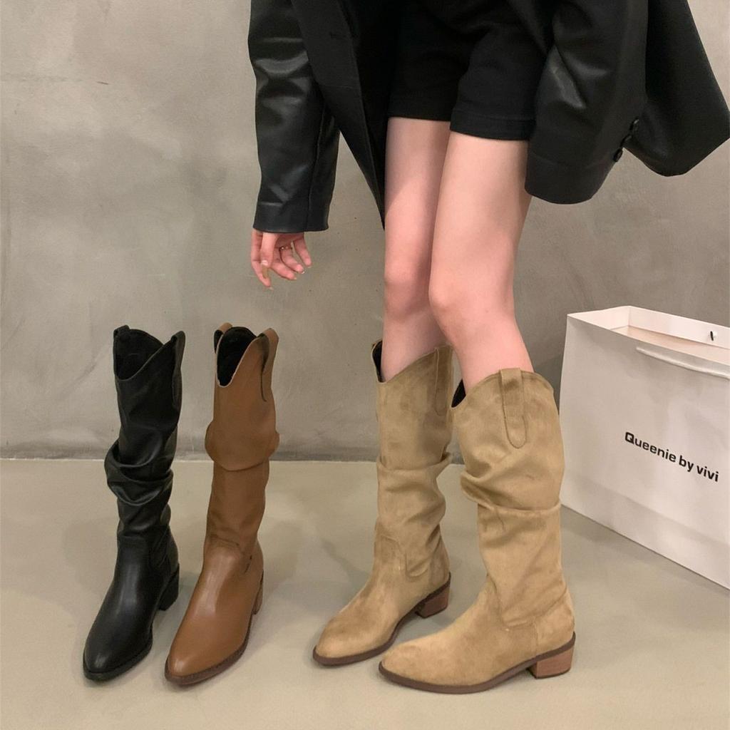 Women's Boots Boots Women's 2025 Autumn and Winter New V-mouth Maillard But Knee Thick Heel Pointed Pile Boots