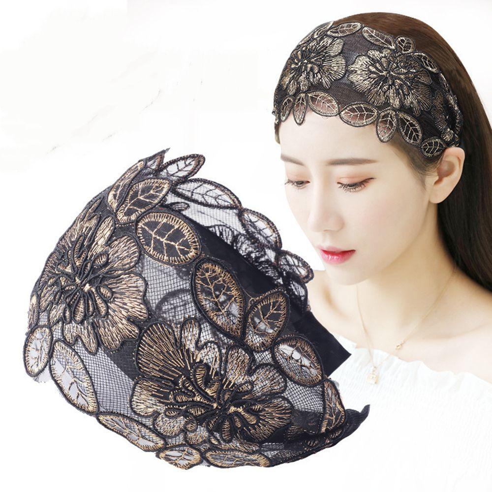 Vintage Lace Floral Printed Head Hoop Korean Broadside Hair Bands Embroidery Flower Headband Toothed Non-slip Headband
