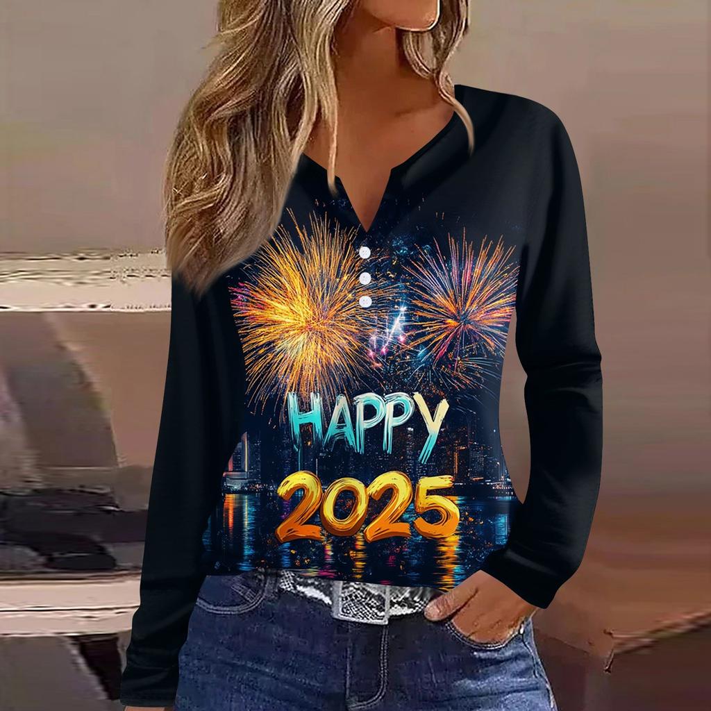 Жен. Футболка Футболка С принтом Пуговицы Длинный рукав Повседневные Выходные Мода Классический V-образный вырез Обычный Верх