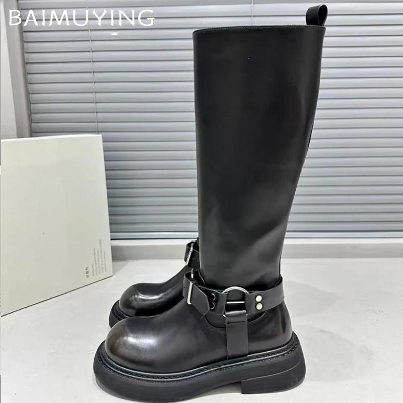 Женские высокие сапоги на платформе, кожаные туфли на плоской подошве, женские, трендовые, зимние, готические, снежные, гладиаторские, панк, до колена, мотоциклетные, ботинки женские