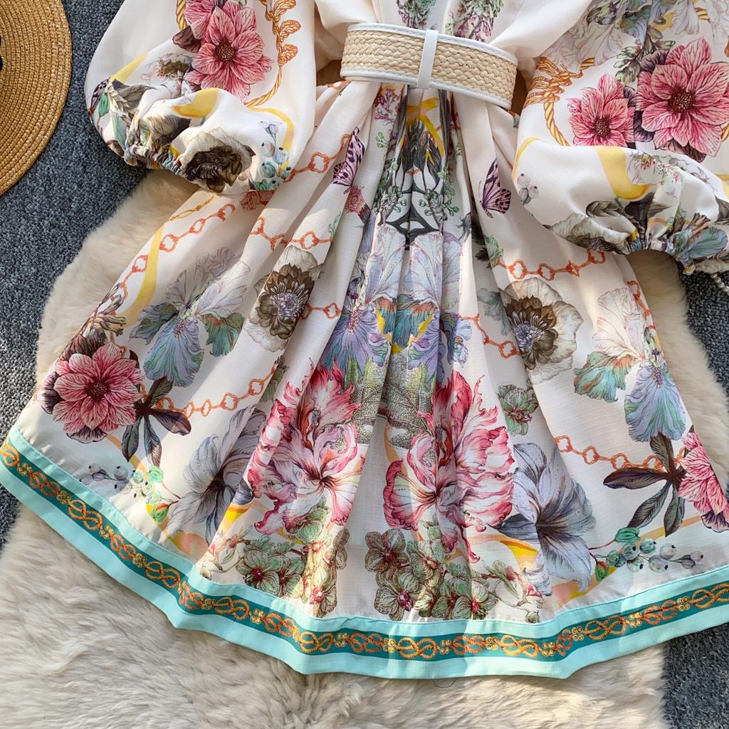 Spring Summer Women Vintage Designer Print Runway Dress V-neck Single Breasted Mini Short Party Dresses with Belt