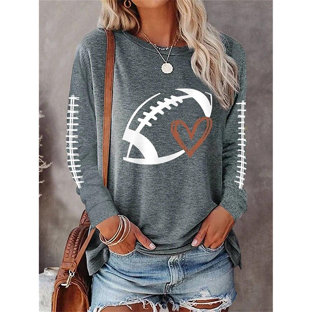 American Football Print Long Sleeve Tops Women Fashion Casual Tees Loose O-Neck T-Shirt Game Day Ladies Clothing