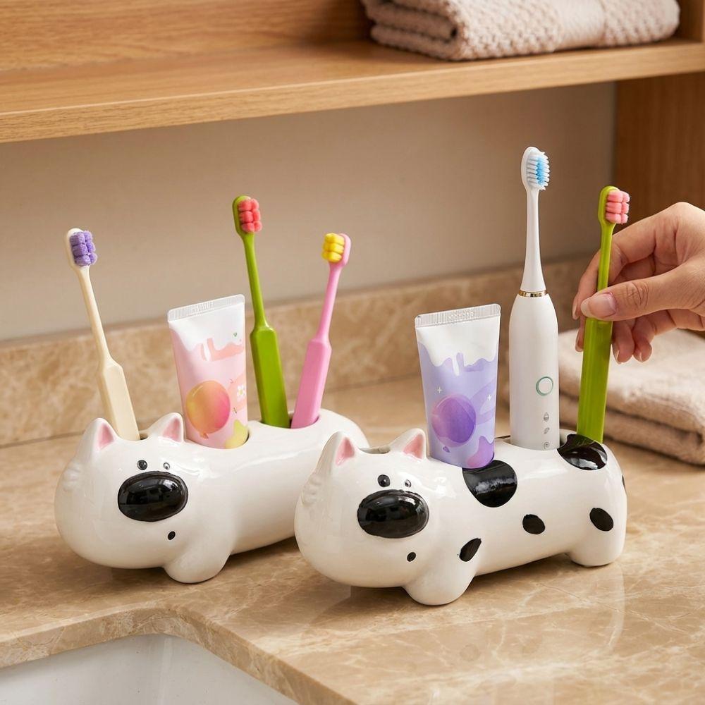 Ceramic Dog Shaped Toothbrush Holder 4 Slots Toothbrush Storage Rack Washbasin Organizer