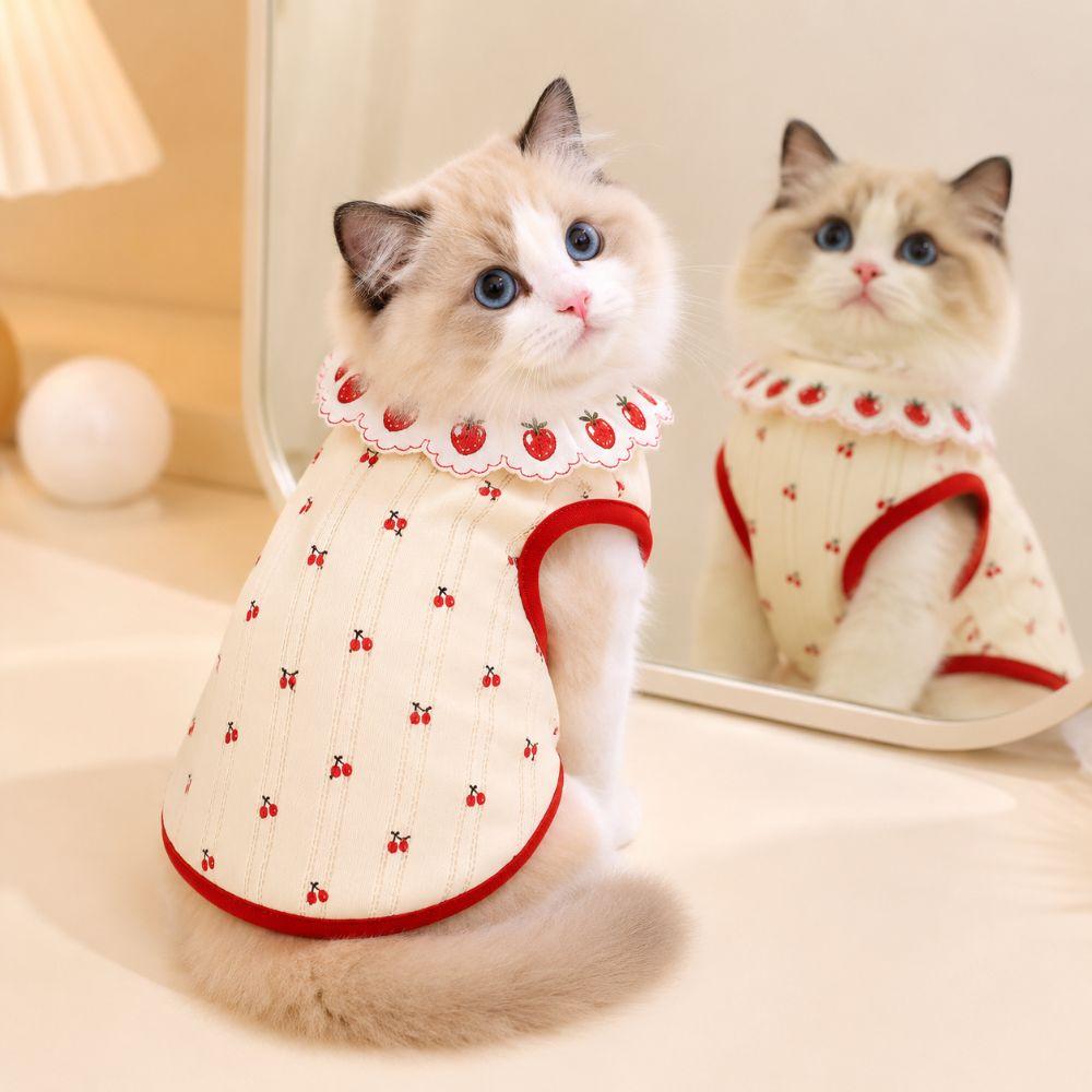Thin Cat Pullover Cherry Pattern Pet Shirt Cute Cat Flower Edge Vest Pet Clothing