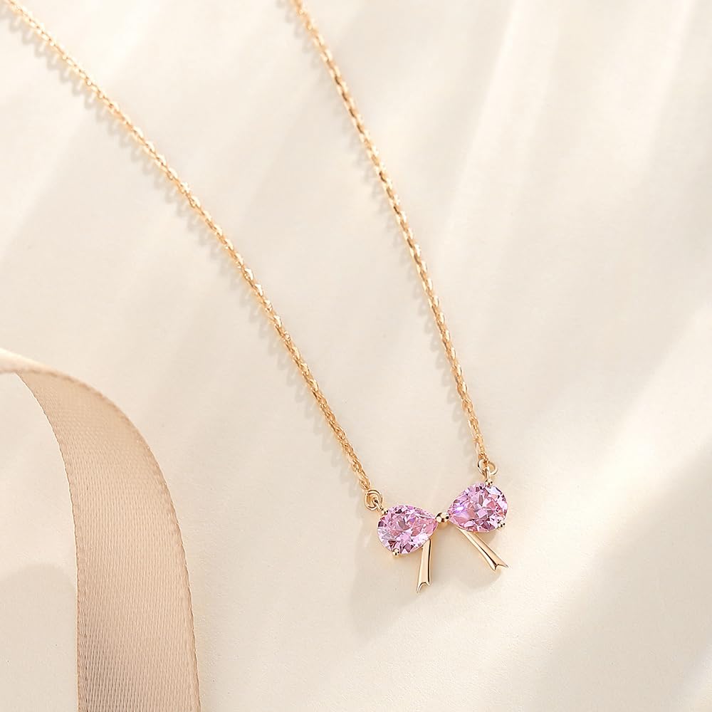Necklace K18 Gold Ribbon Pink Picked Zirconia Pendant Bowknot Day Christmas Birthday Anniversary Wedding Women Popular Present Jewelry Gift Wrapping