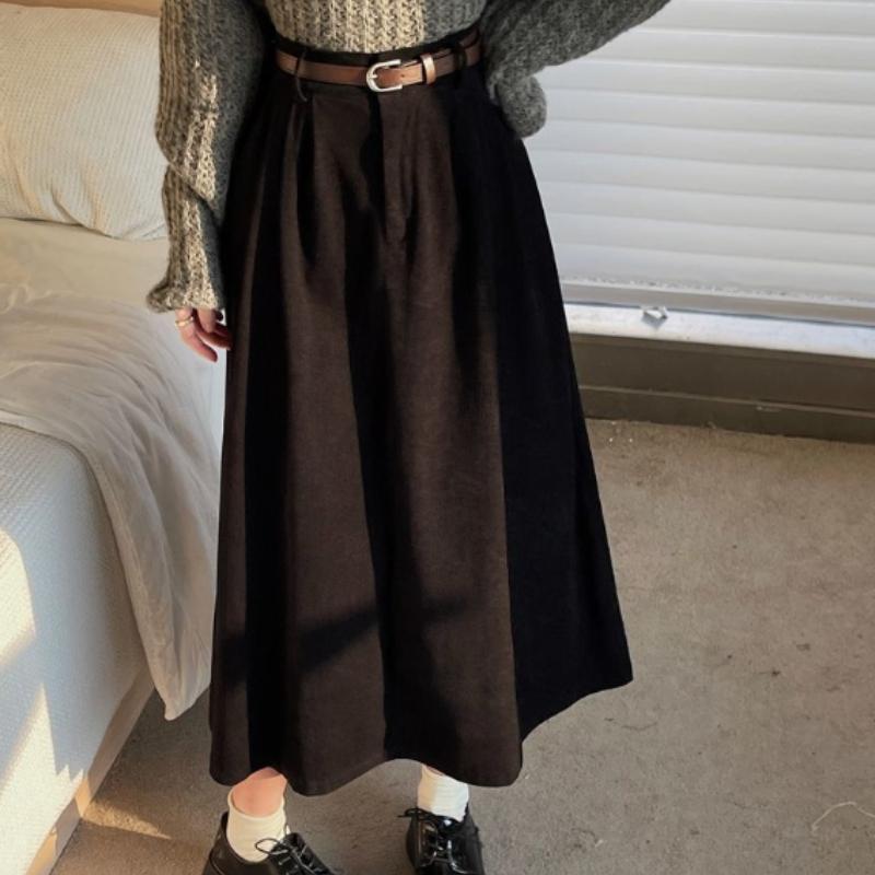 Женская коричневая юбка осень-зима с высокой талией, длинная вельветовая юбка, женские плиссированные юбки А-силуэта в студенческом стиле