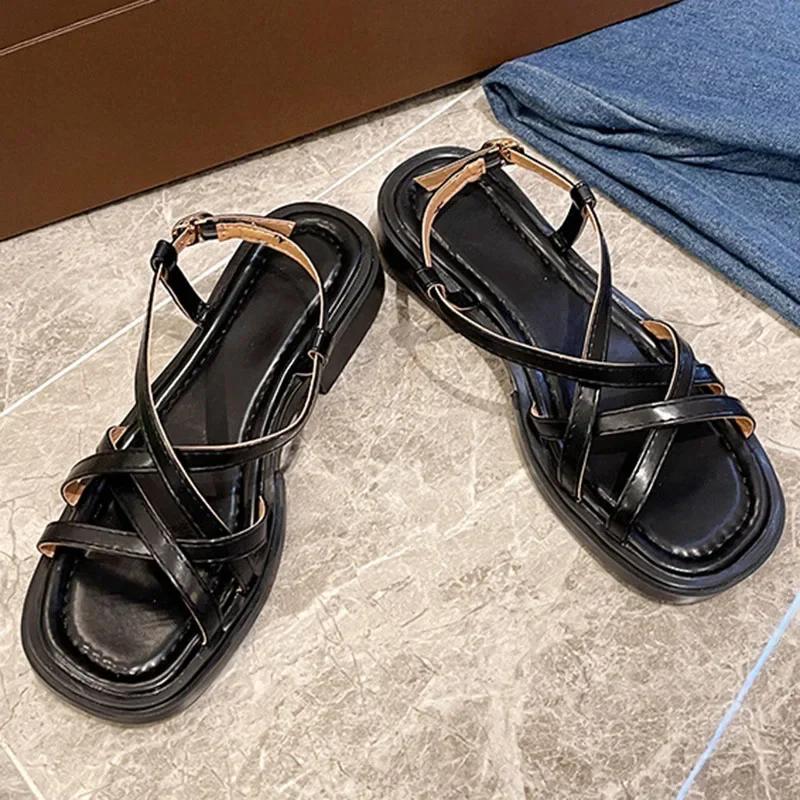 Модные ретро летние сандалии De Mujer 2024, тонкие римские туфли с перекрестными ремешками, повседневные босоножки на низком толстом каблуке, женские однотонные туфли с открытым носком