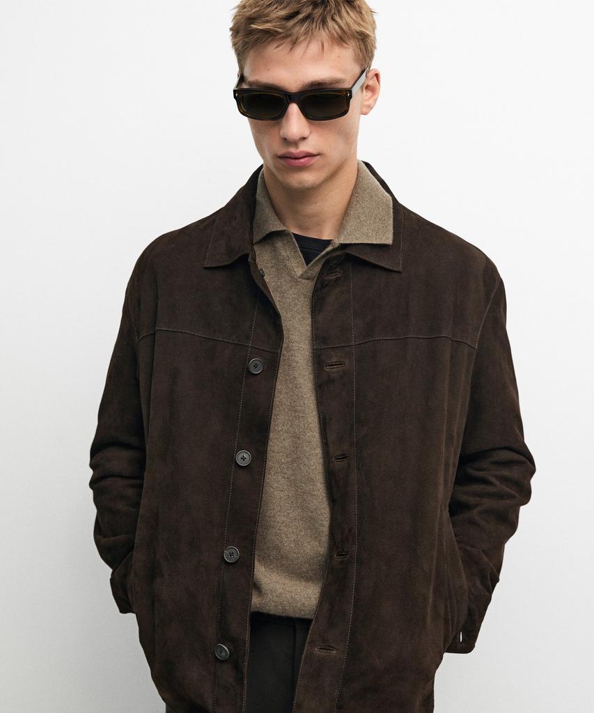 Massimo Dutti Suede Leather Overshirt With Pocket Details