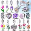 Original Copper Charms Beads Pendant Lotus Tulip Rose Carnation Flower Series Bead Fit Bracelets Women Jewelry Gift