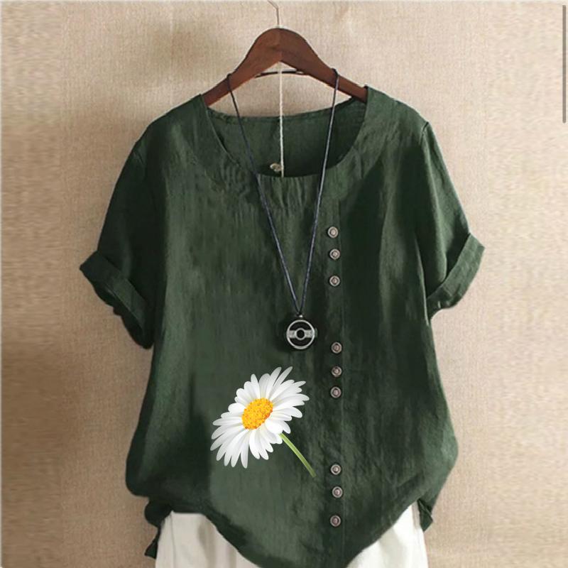 Women's New Fashion Linen Shirt Round Neck Short Sleeve Flower Printed T-shirt Summer Ladies Casual Plus Size Blouse Tops