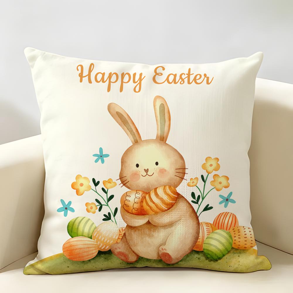 Happy Easter Rabbit Cute Cushion Cover Natural Linen Organic Fabric DoubleSided Printing Room Sofa Decor Pillow Case