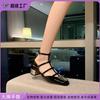 Grape Mother Studiolee Metal Buckle Patent Leather Square Head Hollow Strap Thick Heel Mary Jane Shoes Women's Summer New