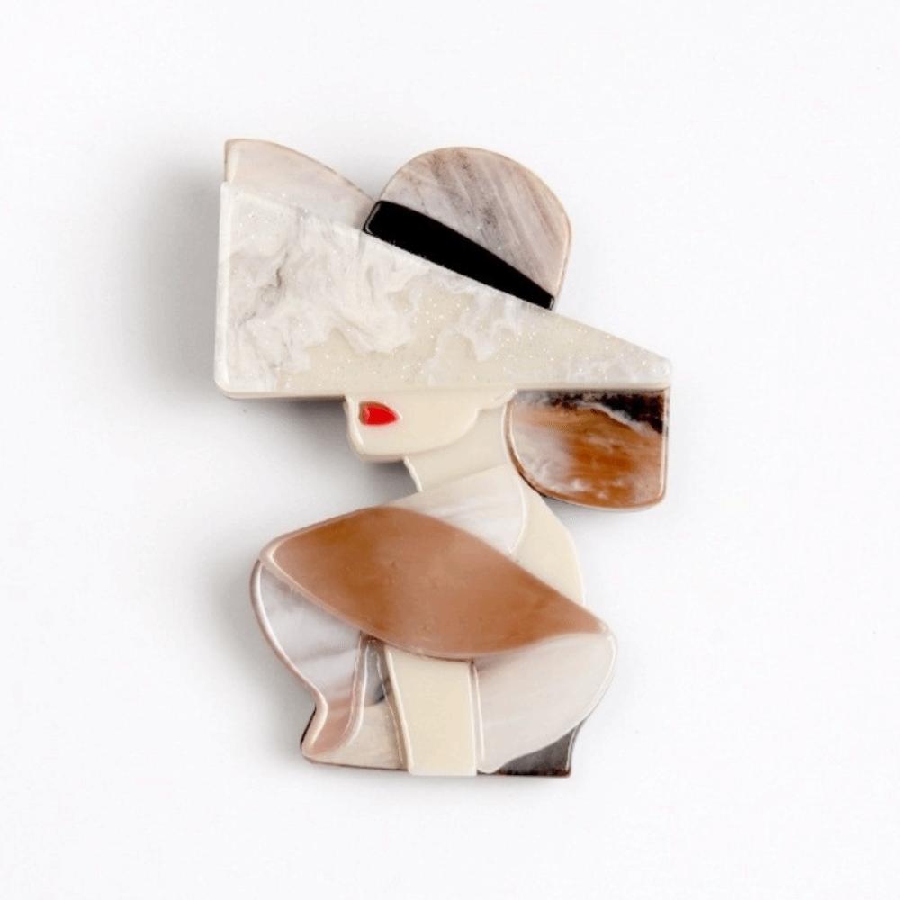 Cartoon Women Portrait Pin Acrylic Girl Badge Retro Lady with Hat Brooch