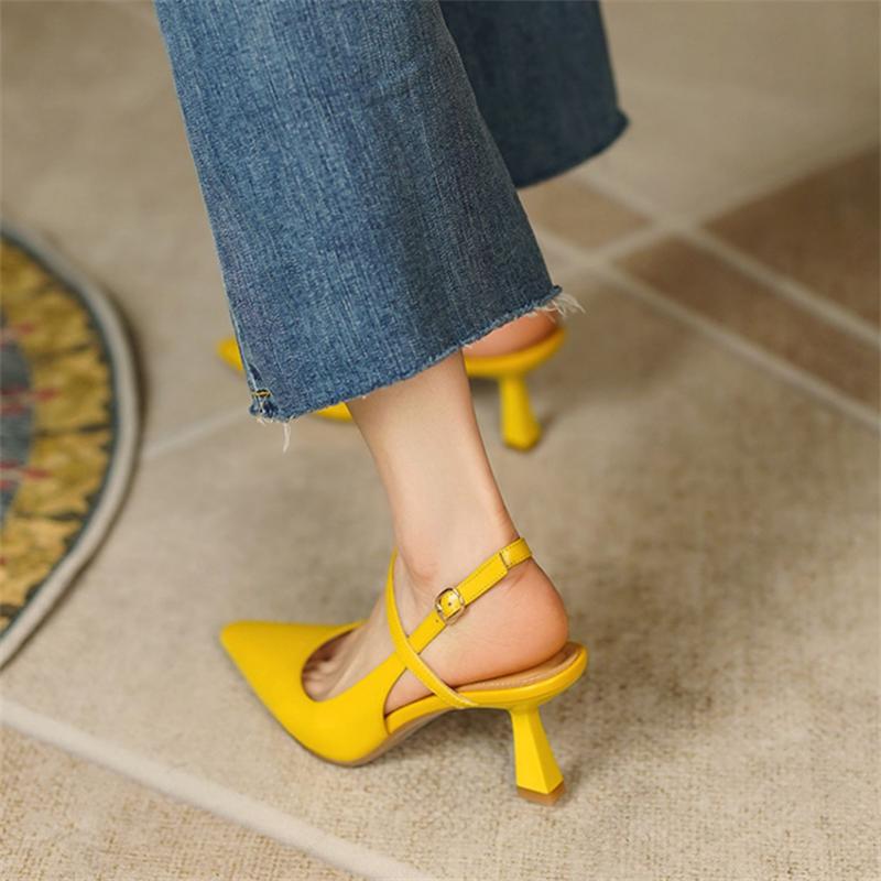 New Spring Leather Slingbacks Pumps Fashion Pointed Toe Shallow 6cm High Heels Buckle Strap Heels For Women Dress Shoes