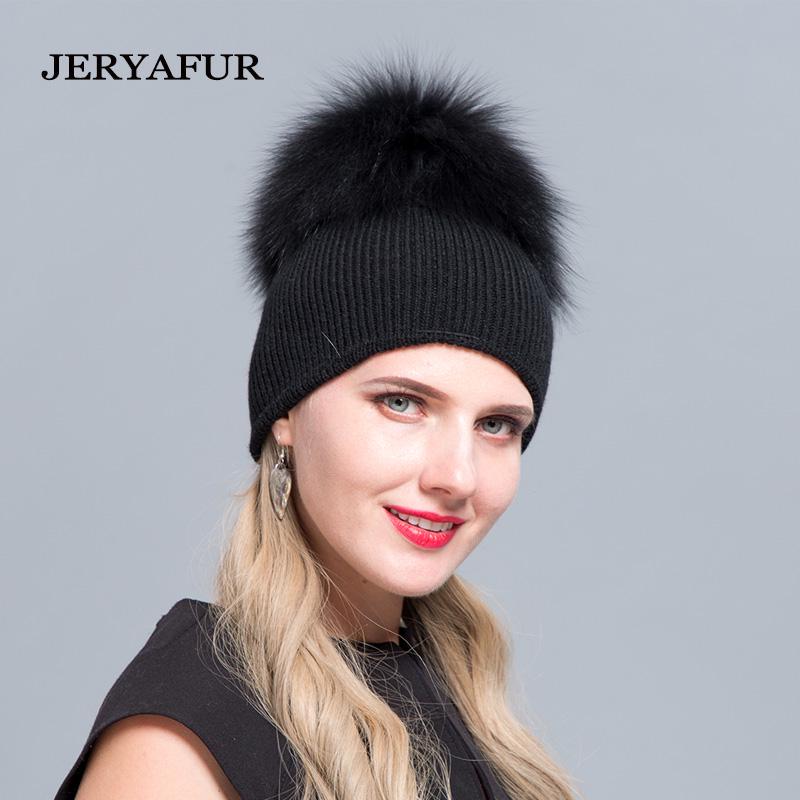 JERYAFUR Трикотажная шапка с помпоном из настоящего меха