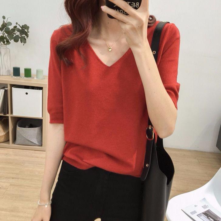 2025 Summer V-Neck Knit Short Sleeve Women's Slimming Top